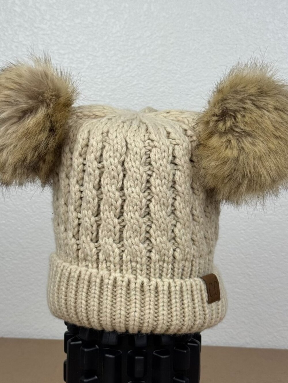 C.C Exclusives Kids Girls Cream Chunky Knit Double Pom Pom Beanie Hat